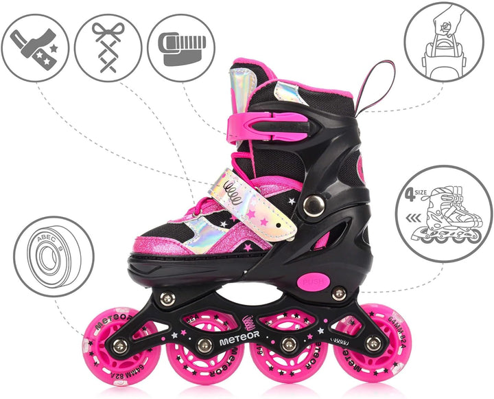 meteor verstellbare 4‑in‑1 Kinder Inline-Skates – Rollschuhe Inliner Schlittschuhe – ABEC‑7 PU‑Räder