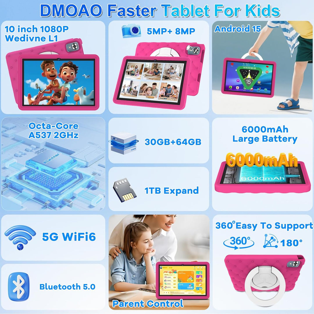Kinder Tablet 10 Zoll Android 15 mit 30GB RAM + 64GB ROM(2TB), 5G WLAN 6, Widevine L1, Elterliche Ko