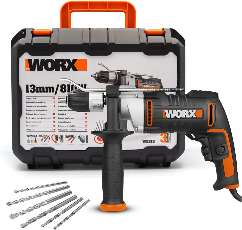 WORX WX318 Schlagbohrmaschine 810W mit robustem Metall-Getriebegehäuse, stufenloser Drehzahlregulier