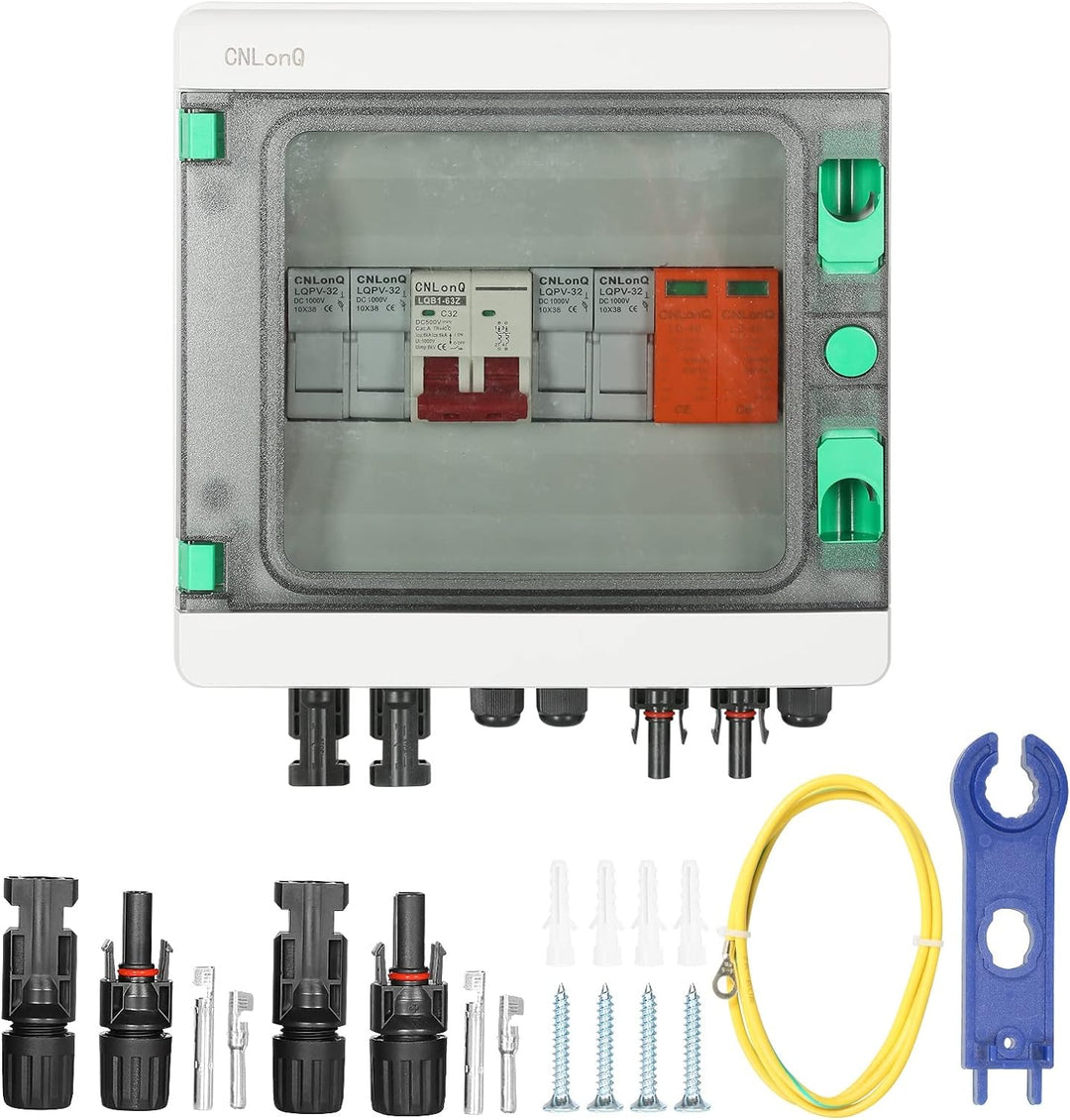 DEWIN 2 Saiten Solar PV Combiner Box, 2 String 500V 32A Solar PV Anschlusskasten Box 2 in 1 aus Wass