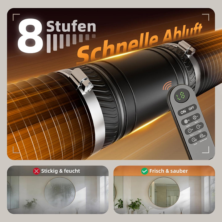 100 mm Rohrventilator mit Timer, 8 Stufen Rohrlüfter 310 m³/h, mit Überhitzungsschutz, Inline Abluft