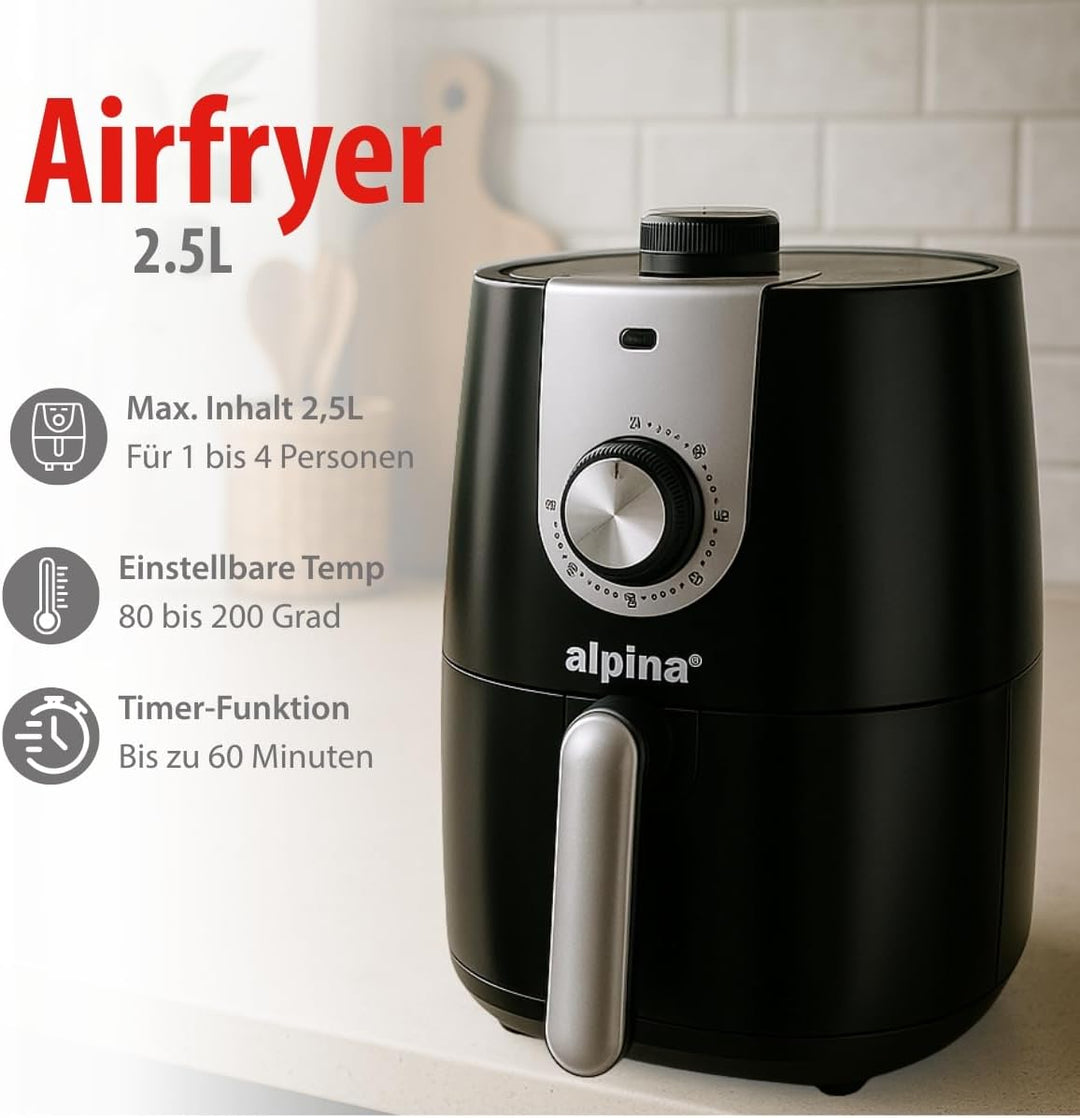 alpina Heissluftfritteuse 2L - Airfryer geeignet für 2 bis 3 Personen - Air Fryer mit Timer und eins