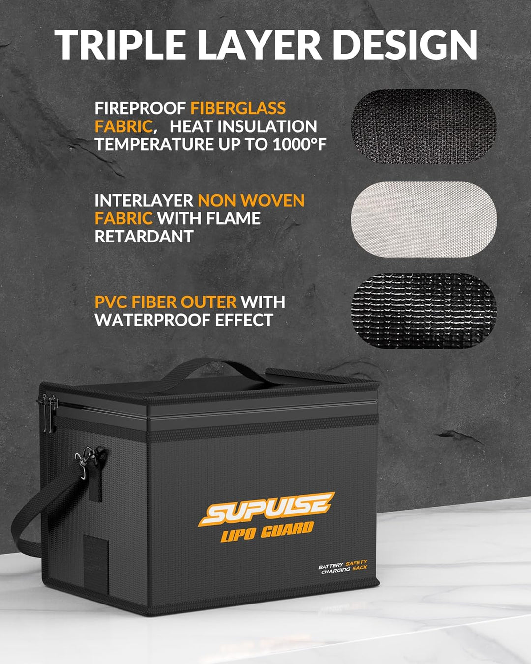 SUPULSE Lipo Battery Safe Bag Lipo Battery Bag Fireproof Explosionproof Large Capacity Bag for Charg
