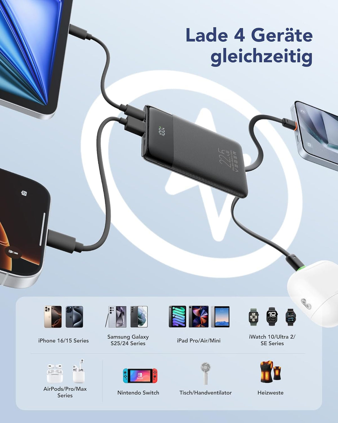 VEGER Power Bank 10000mAh Klein, 22.5W Schnellladung PowerBank mit Integriertem USB-C Kabel, Externe