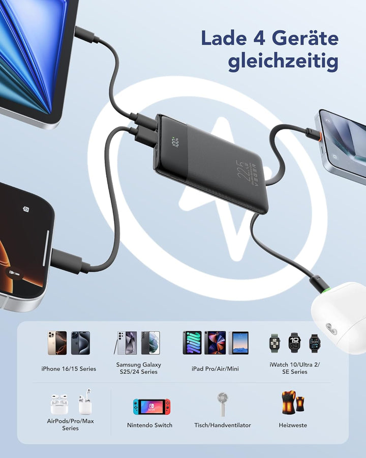 VEGER Power Bank 10000mAh Klein, 22.5W Schnellladung PowerBank mit Integriertem USB-C Kabel, Externe