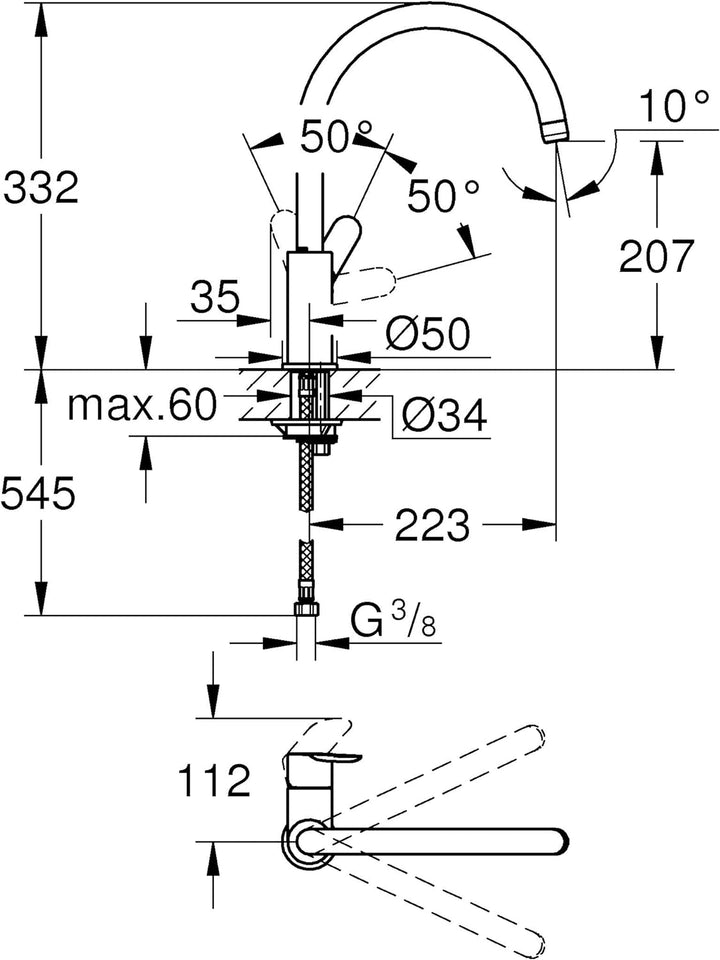 GROHE BauEdge – Einhebel-Küchenmischbatterie (Einlochmontage, hoher Auslauf, Schwenkbereich 360˚, 28