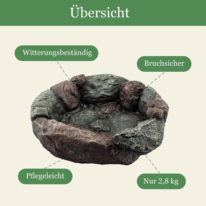 Vogelbad Garten 35cm, Vogeltränke Stein, Wassertränke für Vögel, Vogelbrunnen, Vogel-Badewanne, Voge
