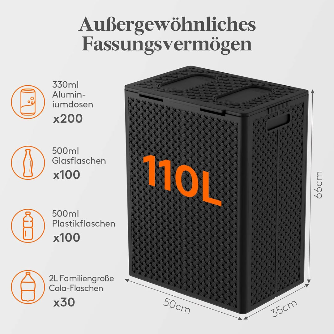 Lifewit 110L Pfandflaschen Sammelbehälter 2 Fächer mit Deckel und Flaschentasche, Flaschensammler Le