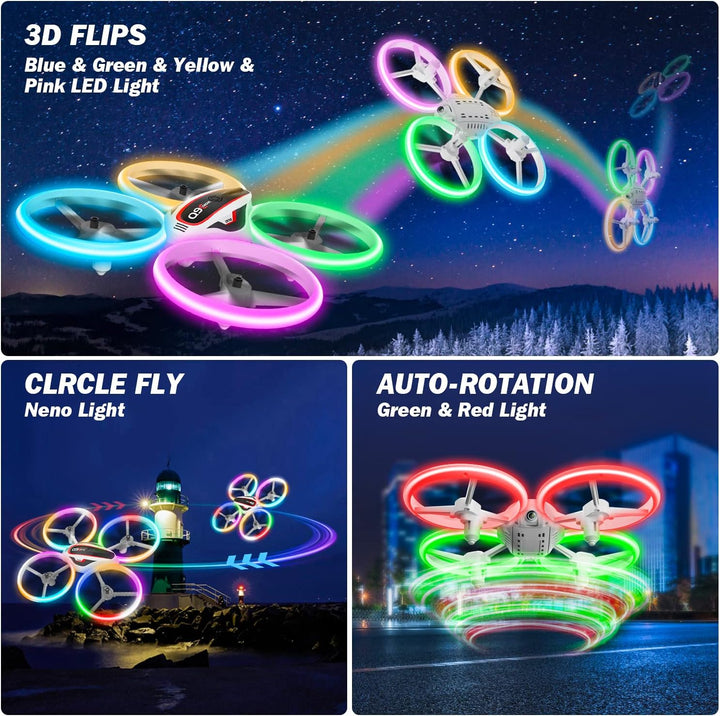 Drohne mit Kamera HD für Kinder, Mini Drone mit Bunte LED Lichter, RC Quadrocopter mit Kopflos Modus