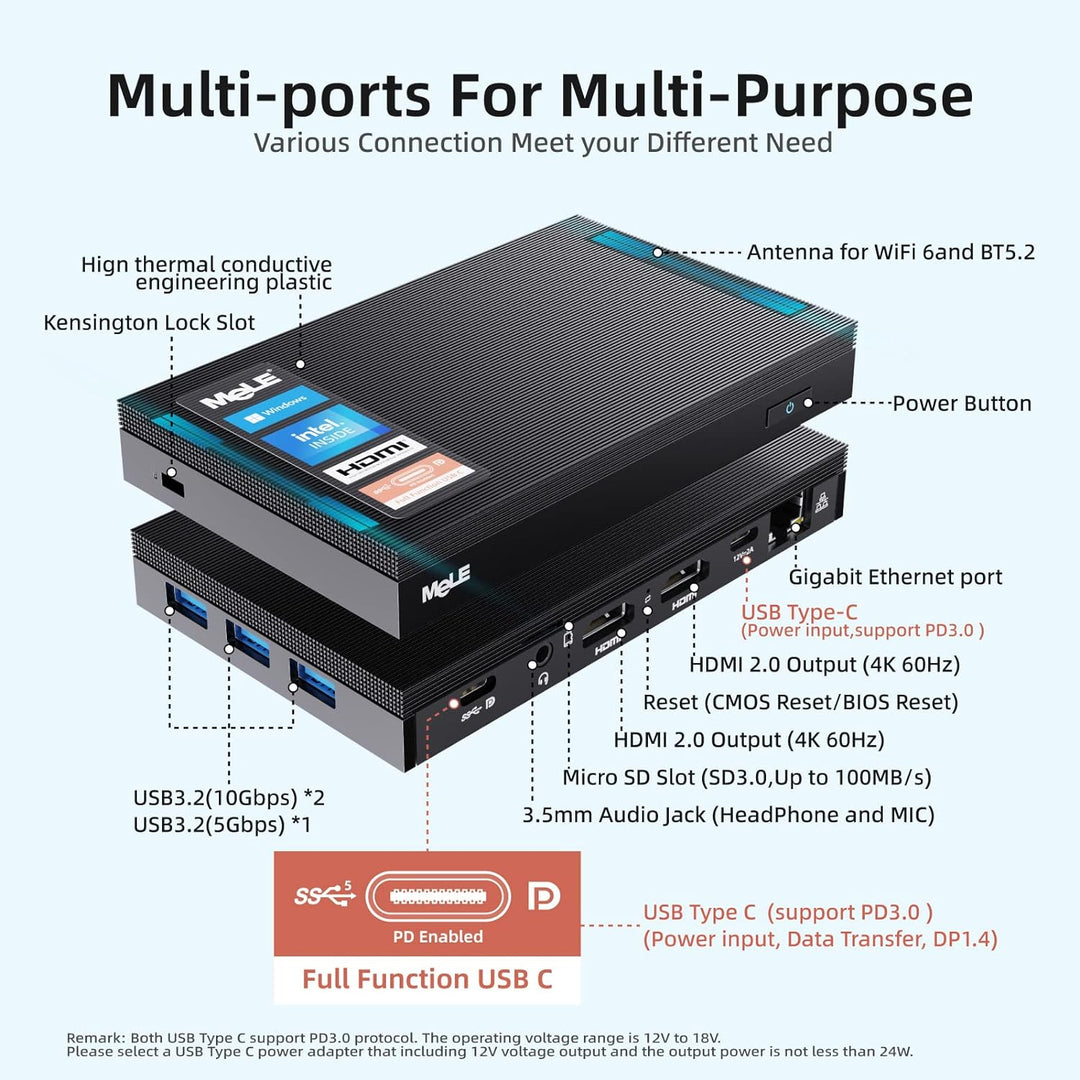 Mele Quieter 3C Lüfterloser Mini-PC N5105, Kleiner Computer, LPDDR4, Win11, HDMI 4K, Wi-Fi 6, Gigabi