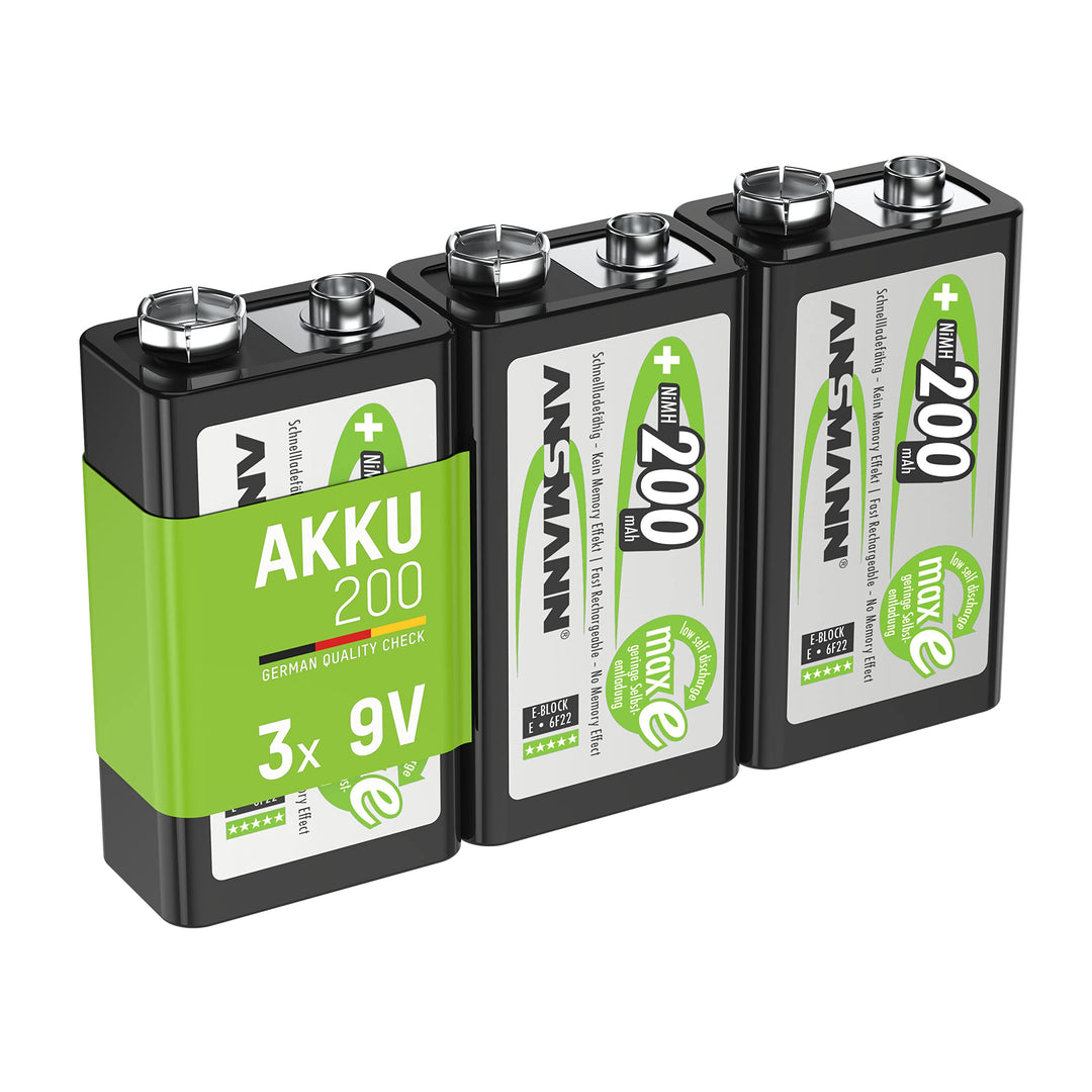 ANSMANN Akku 9V Block 200mAh NiMH 3 Stück mit geringer Selbstentladung - Wiederaufladbare Batterien