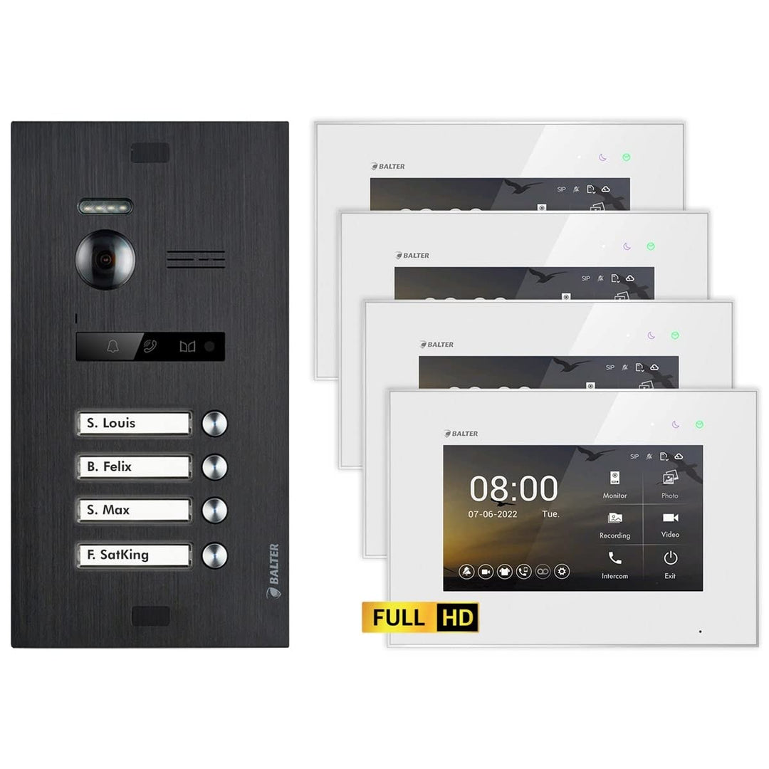 Balter EVO HD Schwarz/Weiss Video Türsprechanlage Set für 4 Familienhaus (1x Türstation mit Full HD-