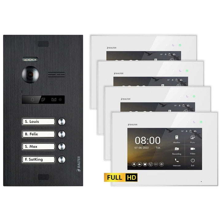Balter EVO HD Schwarz/Weiss Video Türsprechanlage Set für 4 Familienhaus (1x Türstation mit Full HD-