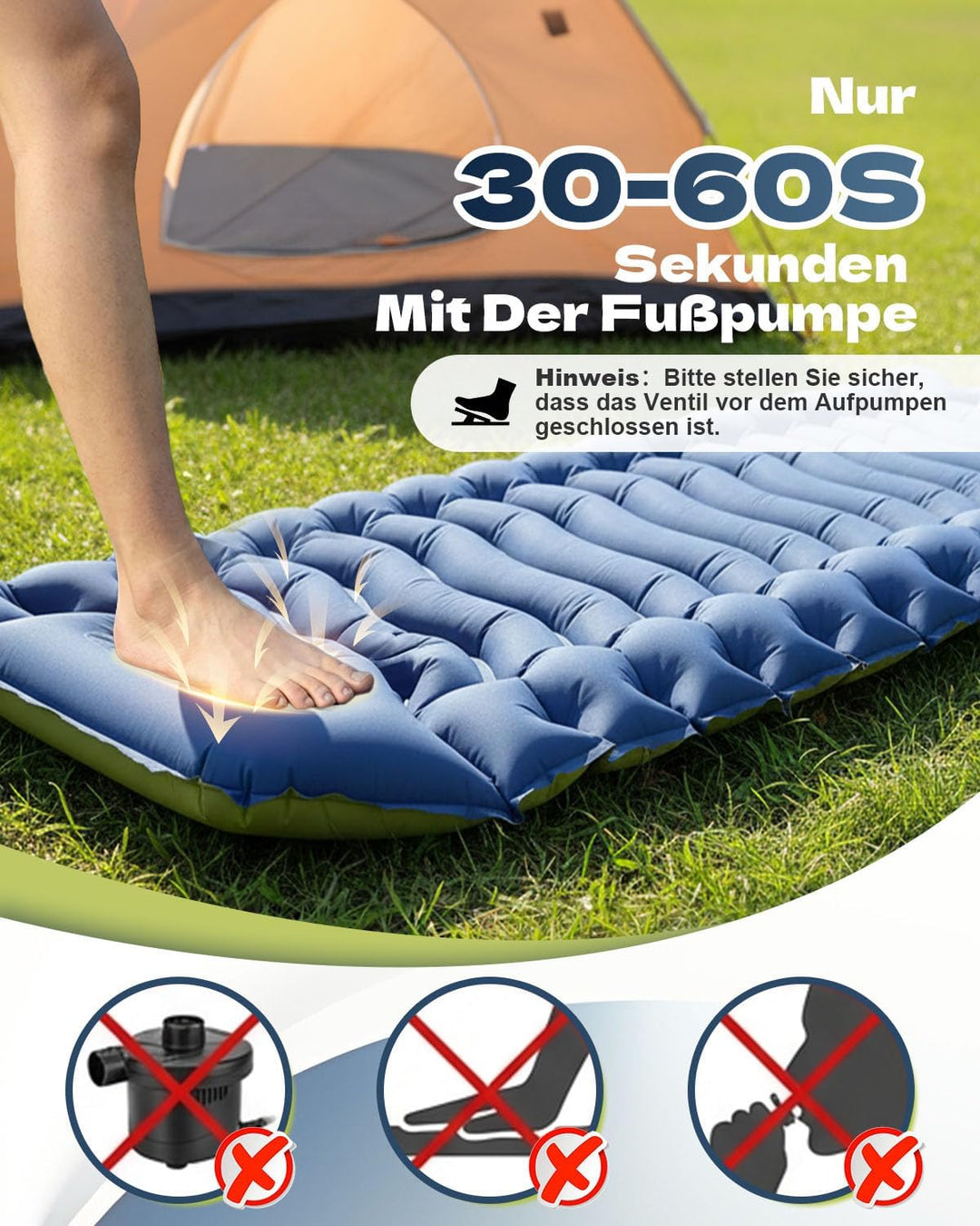 Isomatte Camping,Ultraleichte Isomatte Aufblasbar mit Integriertem Kissen & Fusspumpe, Kompakte Camp