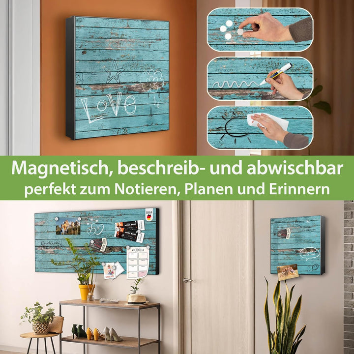 banjado® Grosser Schlüsselkasten Glas/Schlüsselbox 30cm x 30cm mit 50 Haken - Motiv Blaue Holzlatten