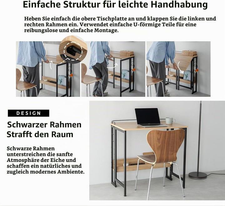 EMOOR Klappschreibtisch TATAMU Stahlrahmen (Eiche), Platzsparender Rechteckiger Tisch Ohne Montage L
