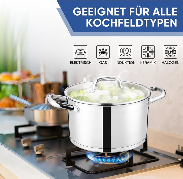 22cm Kochtopf, Onader 3-Lagiger Boden Edelstahl Topf Induktion mit Glasdeckel, 4,7L Nudeltopf Suppen