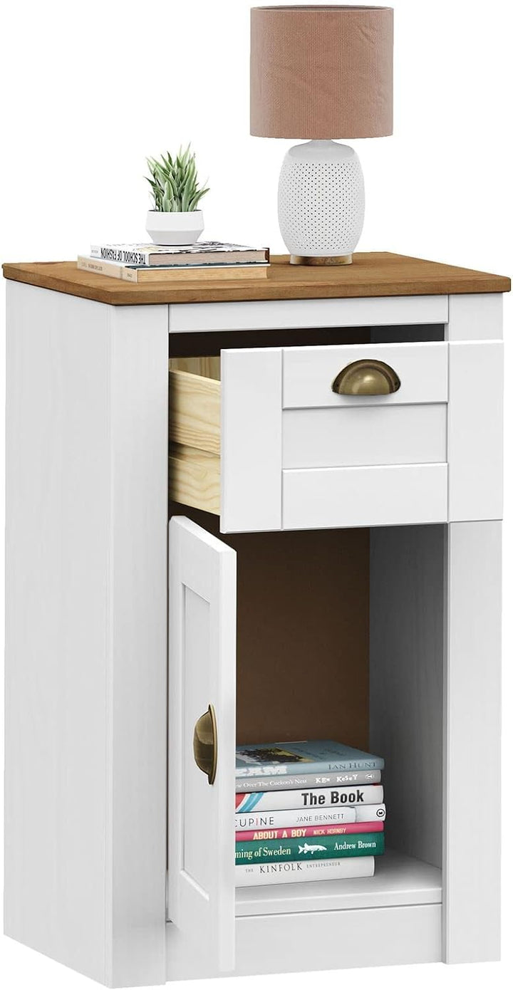 IDIMEX Nachttisch Bolton aus Holz in weiss/braun mit 1 Schublade und Tür Nachtkommode mit Muschelgri