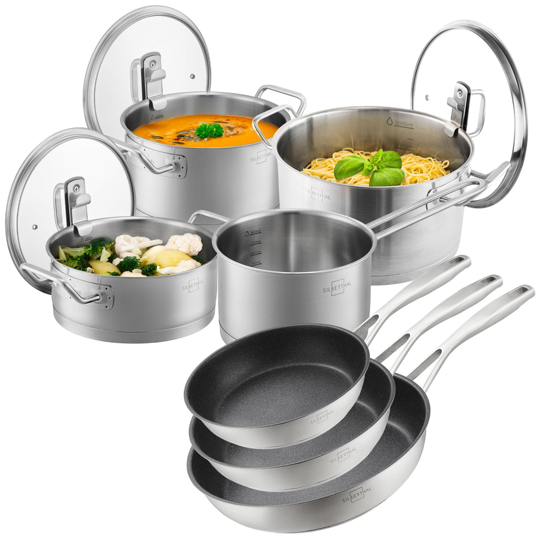 SILBERTHAL Pfannen- und Topfset 9 teilig - Edelstahl - Kochtopf 2,5l,3,5l, 5l und Pfannen 20cm, 24 &