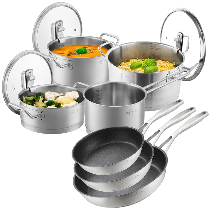 SILBERTHAL Pfannen- und Topfset 9 teilig - Edelstahl - Kochtopf 2,5l,3,5l, 5l und Pfannen 20cm, 24 &