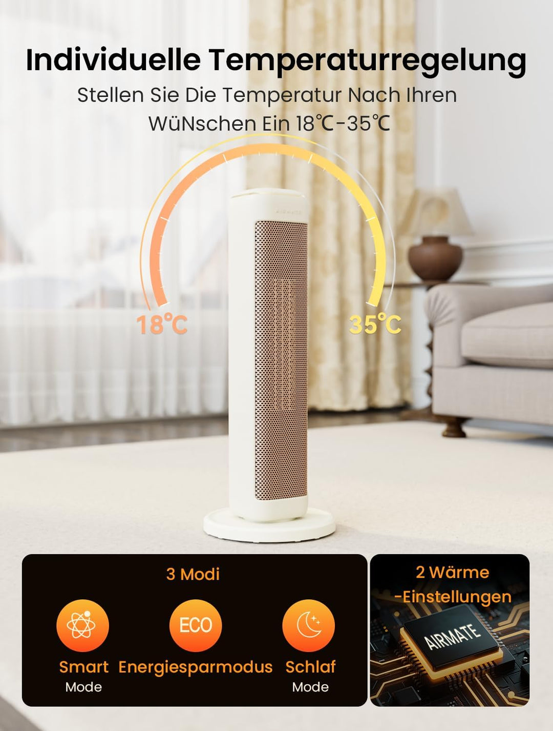AIRMATE 63cm Heizlüfter Energiesparend, Keramik Heizlüfter Leise, 80° Oszillierend Heizung und Therm