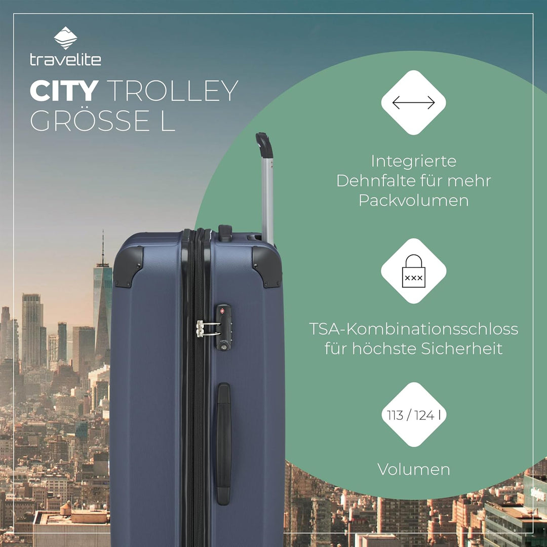 Travelite Hartschalenkoffer gross, erweiterbar, 4 Rollen, City, Trolley mit kratzfester Oberfläche,