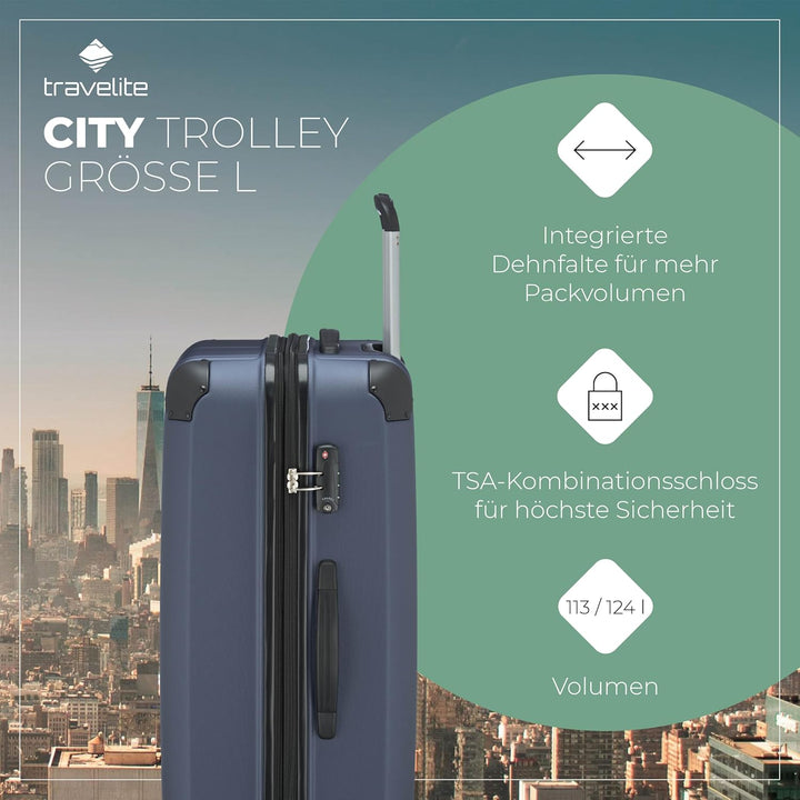 Travelite Hartschalenkoffer gross, erweiterbar, 4 Rollen, City, Trolley mit kratzfester Oberfläche,