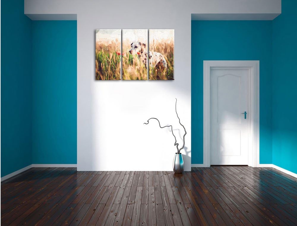 Pixxprint Neugieriger Hund im Feld Kunst / 3-Teilig/Gesamtmass 120cm Leinwandbild bespannt auf Holzr