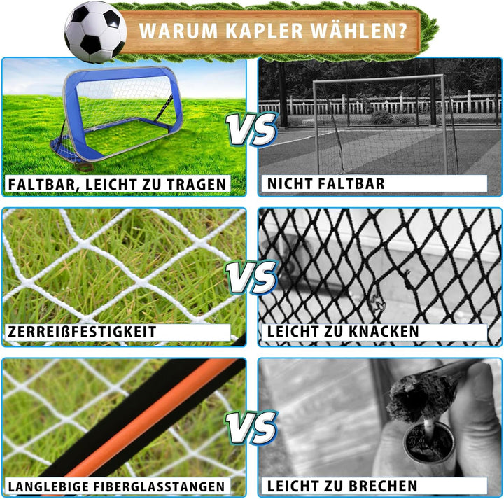 Kapler Fussballtor Kinder Garten Faltbar: 120x70x70cm Pop-Up Fussballtore mit Glasfaserstäben - Wett