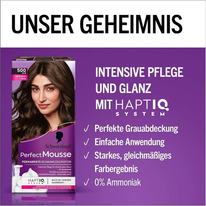 Schwarzkopf Perfect Mousse Permanente Schaumcoloration 500/5-0 Mittelbraun (93 ml), Haarfarbe mit pe