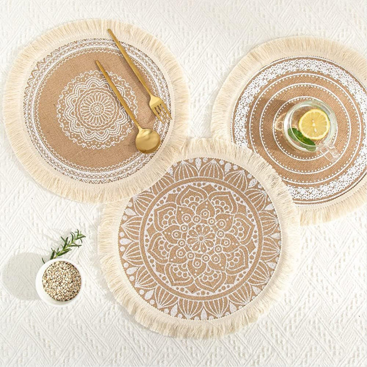 Rund Gewebte Platzset,Boho Tischsets,Jute Tischsets mit Mandala Quaste,Böhmen Farmhouse Retro Restau