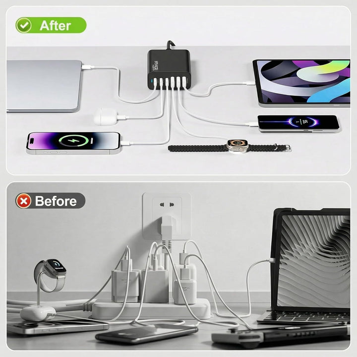 6 Ports Ladestation Schnellladegerät, 165W USB C Schnelllade Netzteil, PD Power GaN Ladegerät kompat