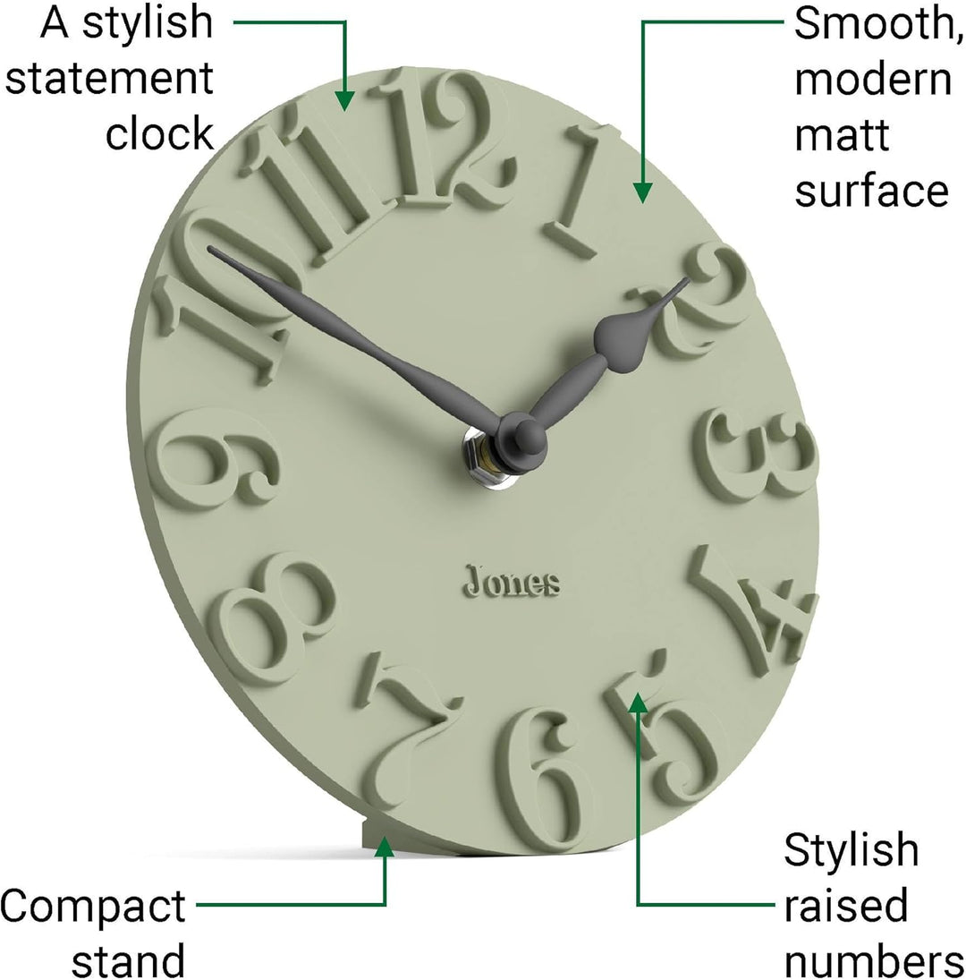 JONES CLOCKS® Hampstead Schreibtischuhr | Freistehend | Salbeigrün | Elegante erhöhte, geformte ziff
