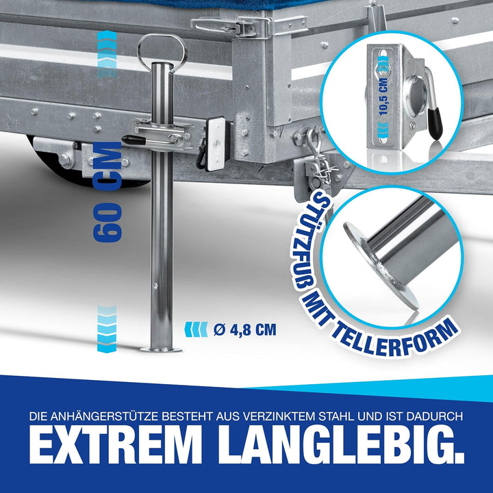NTG Anhänger Stütze 600 mm 300 kg Traglast Ø48 mm - höhenverstellbar Stahl | Stützfuss Stützrad für