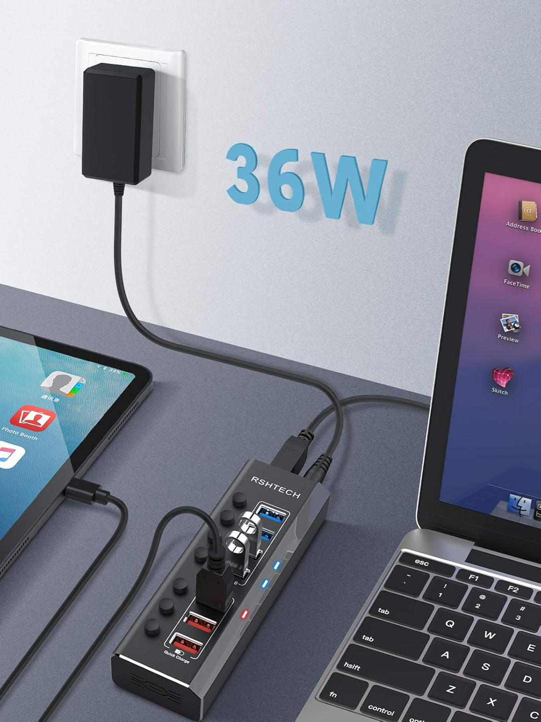 RSHTECH Aluminium USB Hub Aktiv 3.0 mit 36W Netzteil, mit 3*Schnellladeanschluss, 4*USB 3.0 Datenans