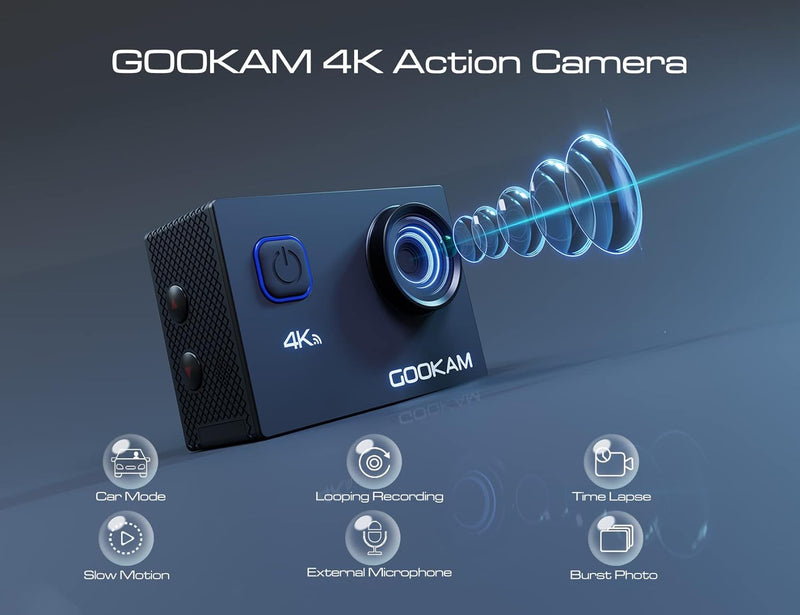 GOOKAM Action Cam 4K 20MP 40M Unterwasserkamera Wasserdicht WiFi Actionkamera mit 2.4G Fernbedienung