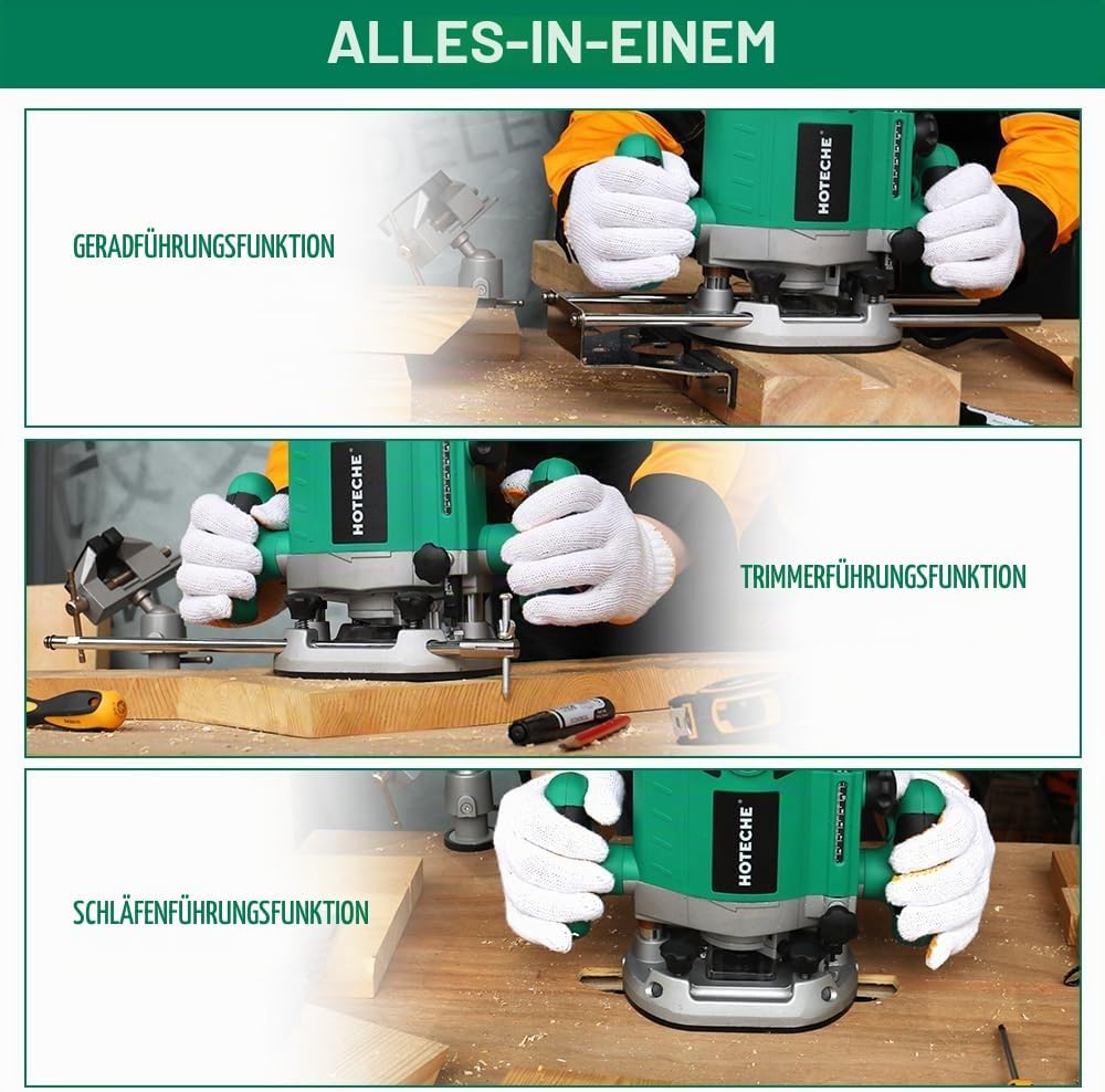Hoteche 2100W 12MM Oberfräse, 8000-23500 U/min, 55MM Arbeitstiefe, Aluminium-Grundplatte, inkl. Zube