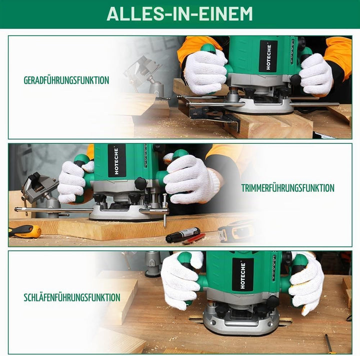 Hoteche 2100W 12MM Oberfräse, 8000-23500 U/min, 55MM Arbeitstiefe, Aluminium-Grundplatte, inkl. Zube