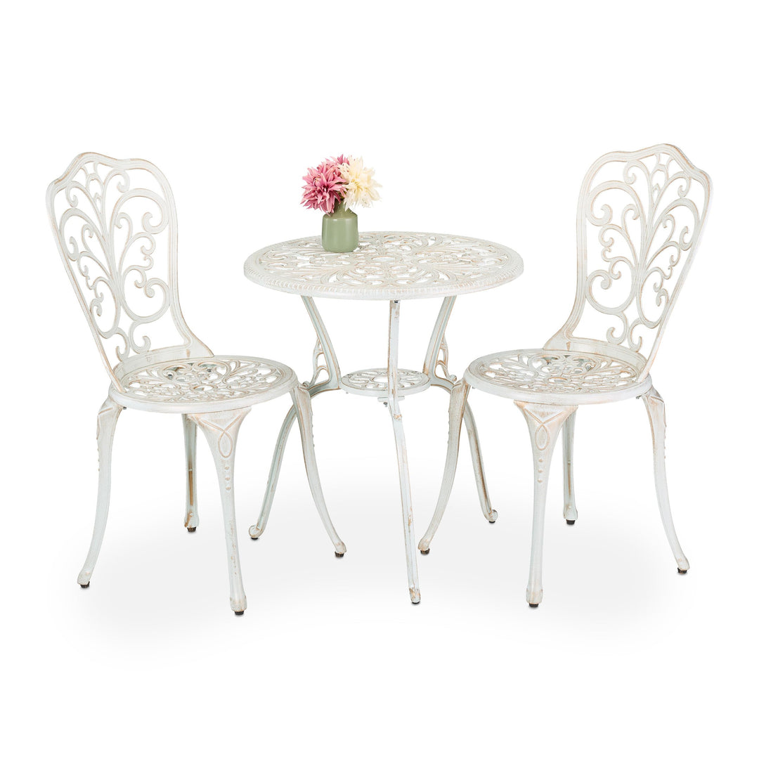 Relaxdays Gartenmöbel Set, 3-teilig, Tisch & 2 Stühle, Aluguss, Balkonmöbel Antik-Design, Garten Sit