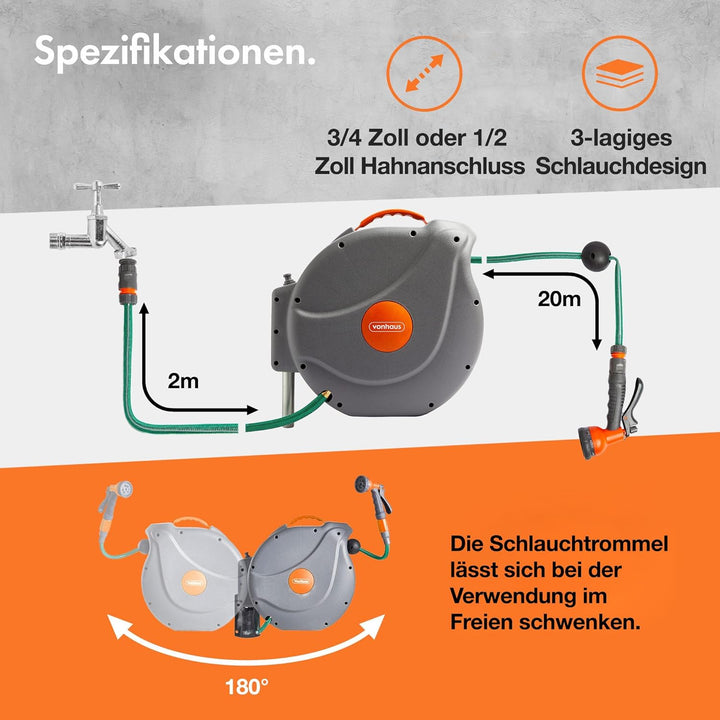 VonHaus Schlauchtrommel - Gartenschlauch Trommel für die Wandmontage mit 180° Schwenkbar & Aufrollau