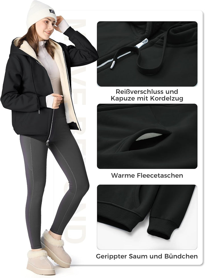 MOVE BEYOND Sweatjacke Damen mit Kapuze Zipper Hoodie Fleecejacke Gefüttert Warme Winterjacke mit Re