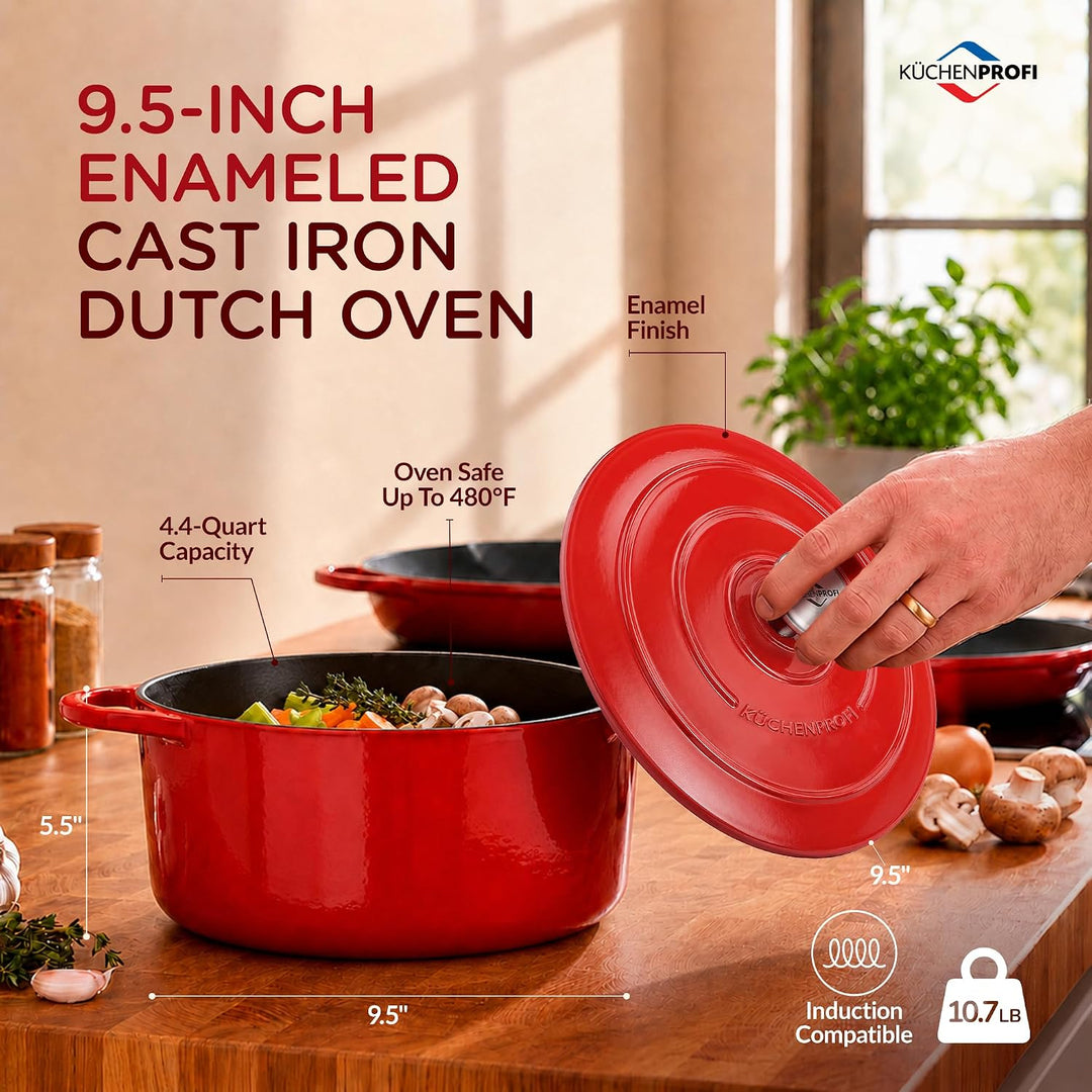 Küchenprofi Gusseisen Bräter mit Deckel, rot/innen schwarz , 24 cm, Schmortopf, Auflaufform, Dutch O
