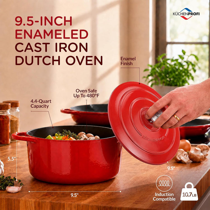 Küchenprofi Gusseisen Bräter mit Deckel, rot/innen schwarz , 24 cm, Schmortopf, Auflaufform, Dutch O