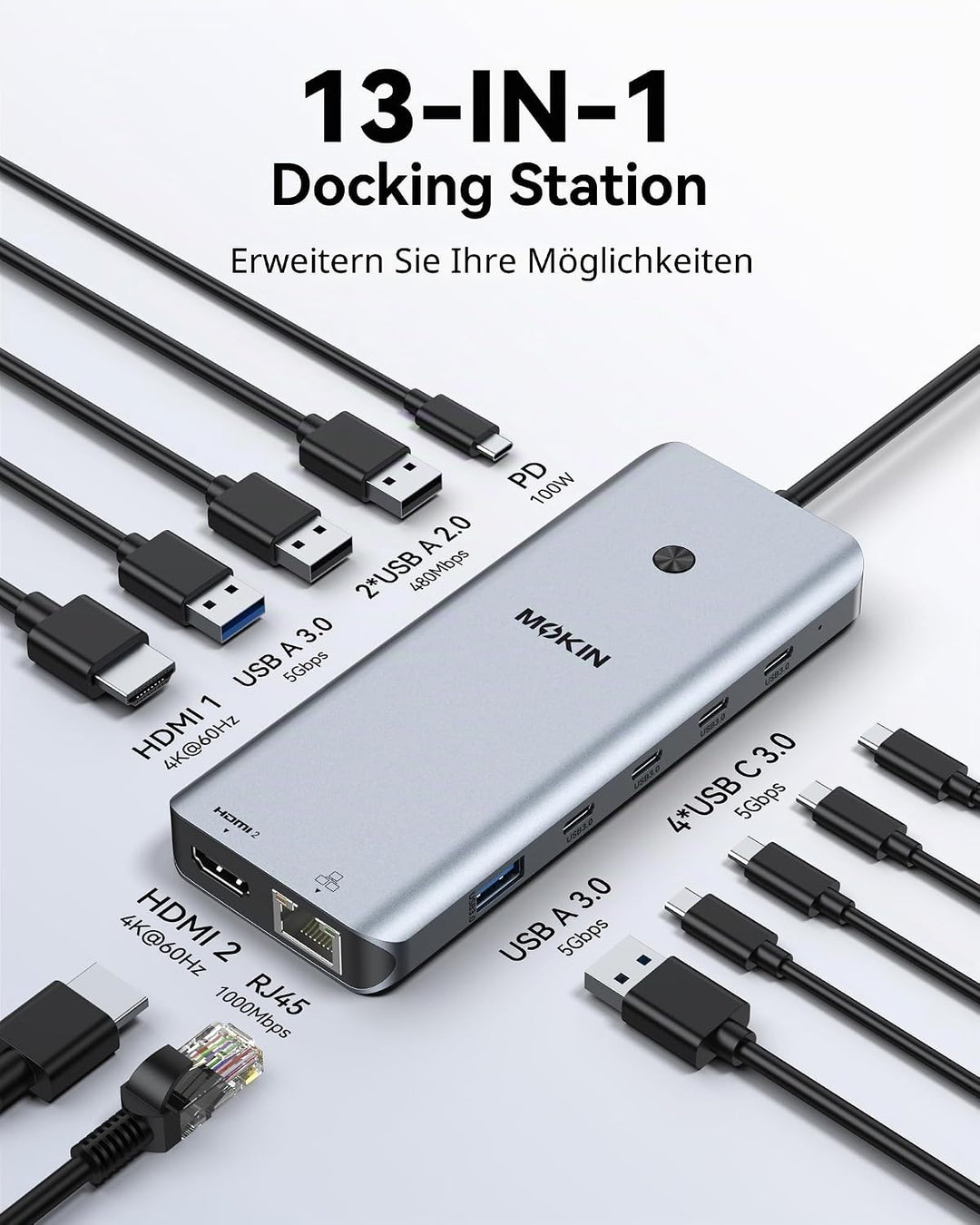 Laptop Docking Station Dual Monitor, USB C Hub mit 2 HDMI, RJ45 Ethernet, 5 Gbps USB C/A, 100W PD fü