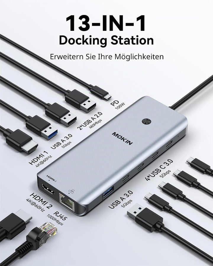 Laptop Docking Station Dual Monitor, USB C Hub mit 2 HDMI, RJ45 Ethernet, 5 Gbps USB C/A, 100W PD fü