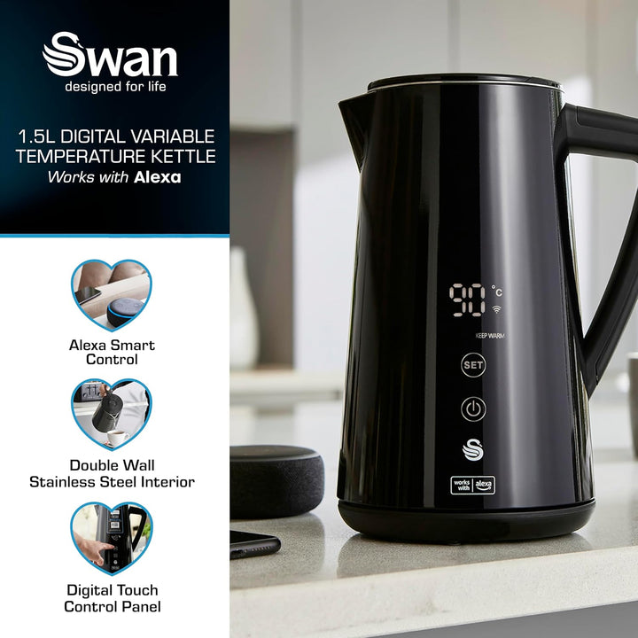 Swan Alexa Elektrisch Wasserkocher WIFI Smart Kettle 1,5L, Kabellos, LED-Touchscreen, Warmhaltefunkt