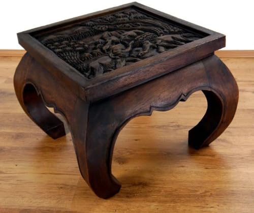 livasia Opiumtisch mit Glasplatte, Massivholztisch, Beistelltisch, Couchtisch mit Elefantenschnitzer