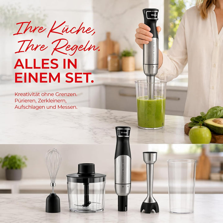 Trisa 4-in-1 Stabmixer Set Dynamic Blade 1500W – Leistungsstarker Pürierstab mit drucksensitiver Mes