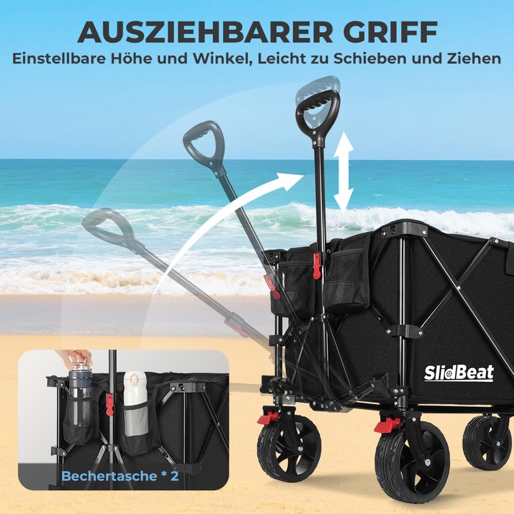SLIDBEAT XXL Bollerwagen Faltbar 220L 200KG, Faltbarer Bollerwagen mit Bremsen, Getränkehalter Verst