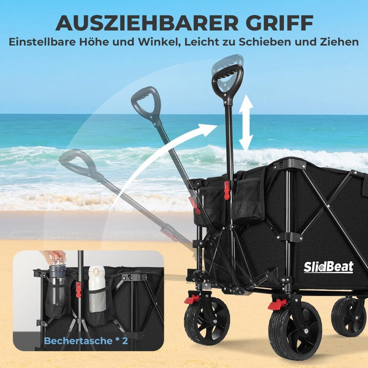 SLIDBEAT XXL Bollerwagen Faltbar 220L 200KG, Faltbarer Bollerwagen mit Bremsen, Getränkehalter Verst